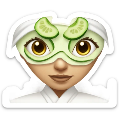 White girl with Brown hair and blue eyes wears a Green clay colored skincare textured mask and puts on cucumbers around her eyes while She relaxes in her white Robe sticker