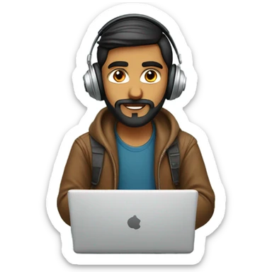 A handsome and intelligent looking indian boy having beard . Having the headphones on coding in hist laptop sticker