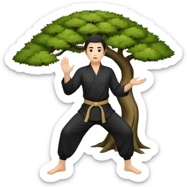 pratiquant de qi gong, homme aux cheveux long, en position de l'arbre, en tenue noire ou blanche. L'image ne contiendra pas d'arbre sticker