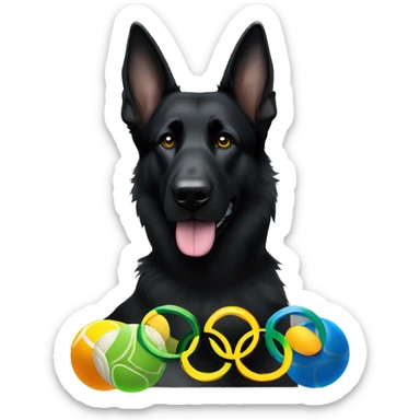 Black German shepherd with the 5 Olympic rings and tennis balls sticker