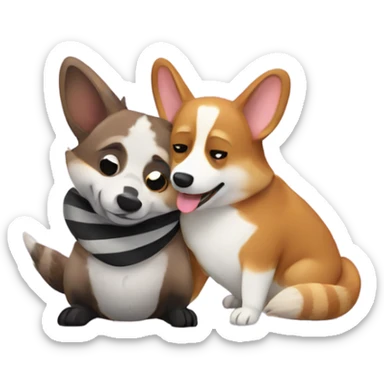 corgi hugging a raccoon  sticker