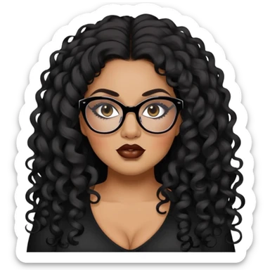 glasses, big plus size, darker tan skin, long black curly hair, baddie,pretty, makeup, lipliner, black eyeliner, long hair sticker