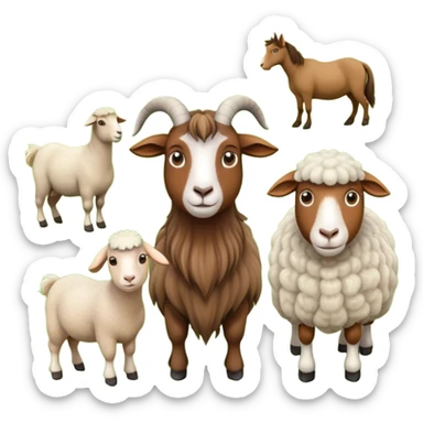 Icon for Domestic Hooved Animals: A gentle collage featuring a brown goat with large, curious eyes, a calm sheep with soft wool and a horse with a flowing mane. Background with a green pasture and a few hay bales. Transparent background. sticker