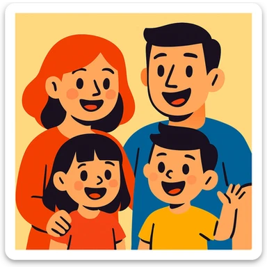 a family of four, cartoon style, smiling, simple background sticker