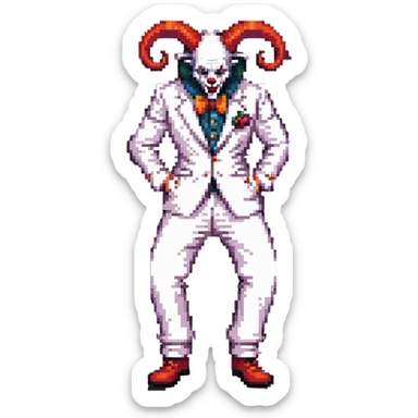 full-body demonic clown in a white leisure suit with bellbottom pants, bald, black ram horns, wearing elevator shoes sticker