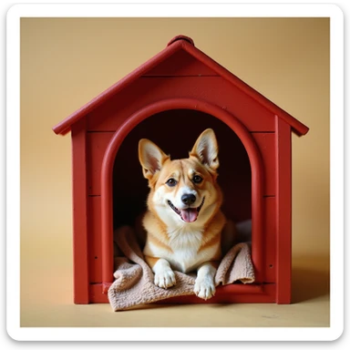 realistic red dog house with a Corgi dog inside, Corgi with a blanket, photorealistic style sticker