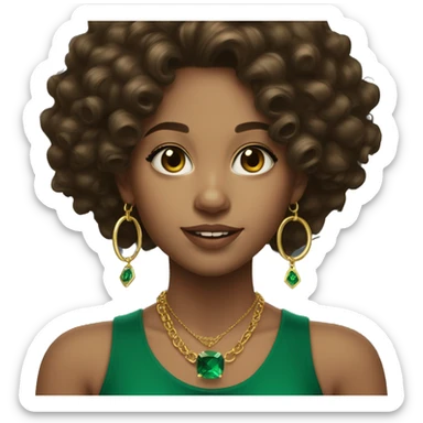 A lightskinned girl with dark brown long curly hair and emerald green top with gold necklaces and tiny gold hoop earrings  sticker