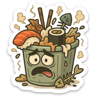 cartoonish sushi trash in flat toon style sticker