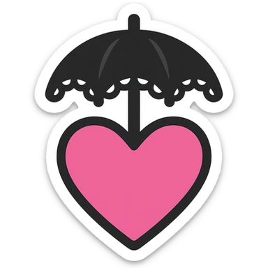 gothic heart with a black lace umbrella, color icon filled style, pink and black sticker