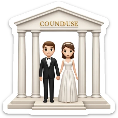 A 3D cartoon courthouse wedding venue with a bride and groom standing at the entrance, elegant white columns, soft natural lighting, simple modern decor, minimal background, realistic Memoji-style rendering. sticker