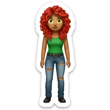 Chica pelo rojo largo ondulado, ojos verdes,cuerpo completo con pantalones vaqueros  rotos y camiseta negra sticker