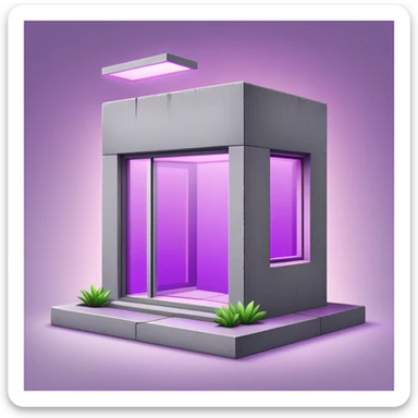 Minimalist gray concrete panel building with one window glowing bright purple from grow lights inside, simple rectangular structure sticker