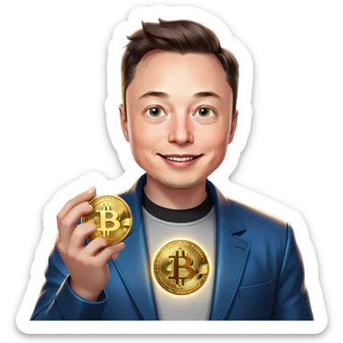 Elon Musk holding a shiny Bitcoin coin, with a futuristic digital glow around it, wearing a sleek space-themed outfit, smiling confidently, in a minimalistic and modern style. sticker