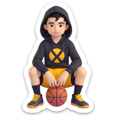 boy kid in a ring sitting pose, black hoodie with hood off, smirk, black crew socks, black messy hair, black basketball shorts, yellow skin sticker