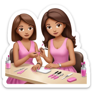 A realistic illustration of a girl with medium-length thick brown hair sitting at a manicure table. Another girl is carefully doing her nails, using professional manicure tools. Soft natural lighting, clean salon environment, detailed hands and nail work, warm and pleasant atmosphere. sticker