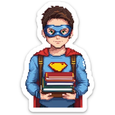 student with superhero mask and books sticker