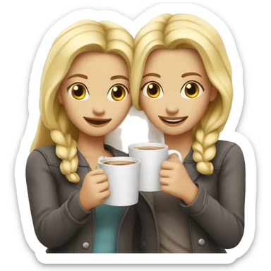 Two blonde girls are standing in an embrace and holding coffee in their hands sticker