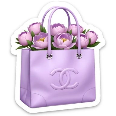 Realistic white chanel shopping bag with lilac peonies in it sticker