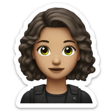 A girl with brown hair, green eyes, a slight smile, wearing small silver earrings. Dressed predominantly in dark clothing, especially black. sticker