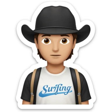 Male brunette movie producer black baseball hat that says surfing cowboys with white tshirt sticker