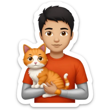 Indian Brown guy with black hair in red t-shit with orange cat sticker