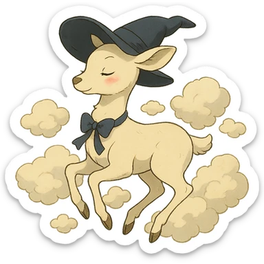 vanilla cloud doe, floating gracefully, rosy cheeks, witchy elegance, ghibli style sticker