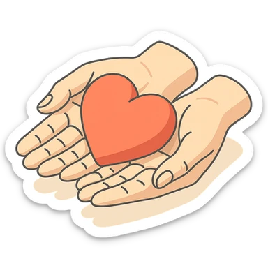 A very detailed 2D isometric style illustration of a heart held in neat feminine hands, hands cupped like a bowl, with detailed shadows and highlights, clean contours, soft lighting, and a transparent background. sticker