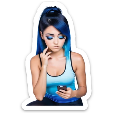 Disapponted-big tears-head back texting on phone-very very large upper body-sexy face-bending forward at waist-very long very straight dark blue to light blue ombre hair-and-blue eyes-thick black eyeliner-long eyelashes-iridescent blue lowcut tanktop with black leggings with glitter superman logo sticker