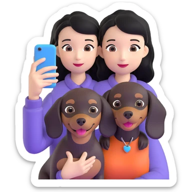 black hair asian girl taking selfie with black dachshund sticker