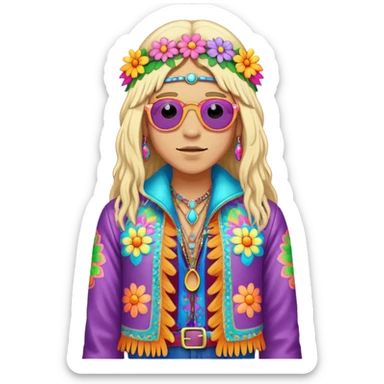 3D, psychedelic colored hippie wearing hip huggers and a fringed jacket with flower border sticker