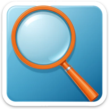 A stylized blue magnifying glass tilted right, flat design, minimalist, vibrant orange handle, white circular background, high resolution, 2048x2048 pixels, vector art, clean lines sticker