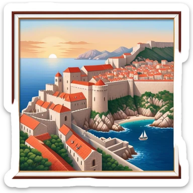 Cinematic Realistic Dubrovnik Landmark Emoji, depicted with historic fortified walls and red‚Äêtiled roofs rendered with intricate detail and dynamic, coastal lighting. sticker