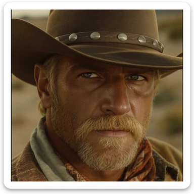 Cinematic , documentary photography, top angle medium shot, cowboy look eye brave, hard light golden hour, desert arizona, shot on arri alexa, 80s movie sticker