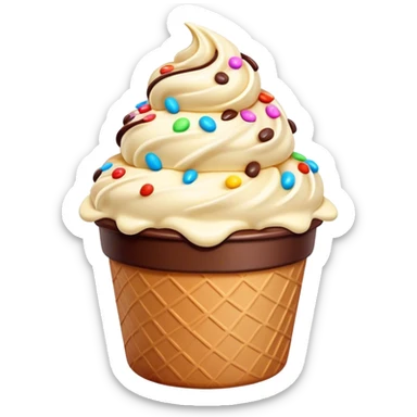 Cinematic scoop of rich, creamy ice cream, slightly melting, smooth swirls of chocolate and vanilla, colorful sprinkles on top, warm glowing background, playful and inviting. sticker