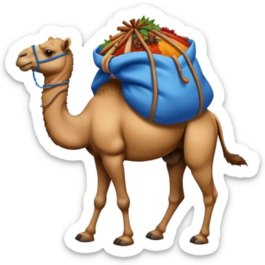 a camel with a blue sack with spices on his back sticker