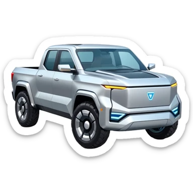 A futuristic electric pickup truck emoji, silver chrome body, angular cyber design, smooth metallic panels, subtle reflections, minimalistic proportions, iOS emoji style, centered composition, clean white background, soft lighting sticker