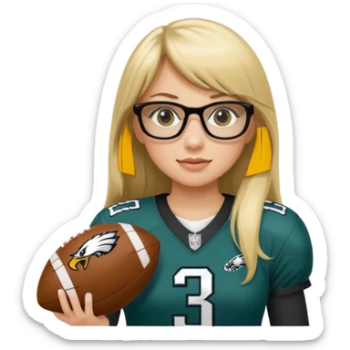 full length women wearing eagles uniform, long blonde hair, straight bangs, black glasses, holding football, number 33 sticker