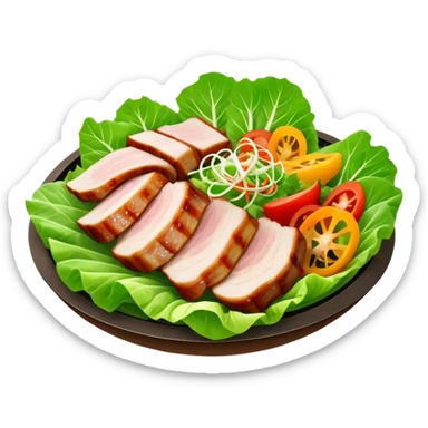 Samgyeopsal Cinematic Realistic Samgyeopsal Dish Emoji, depicted as slices of grilled pork belly served in crisp lettuce leaves with assorted fresh vegetables, rendered with dynamic textures and appetizing, natural lighting. sticker
