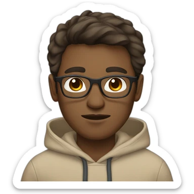 Man with blue eyes, brown hair and glasses wearing a beige hoodie up sticker