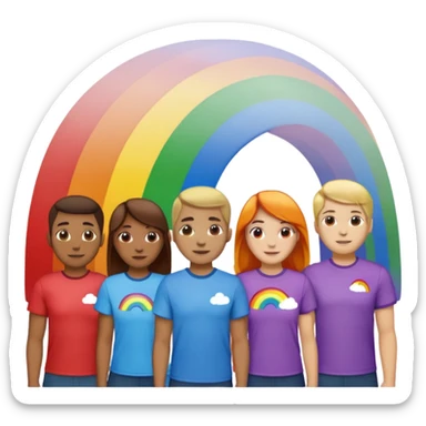 a huge group of people with the same matching shirts on with a rainbow behind them  sticker