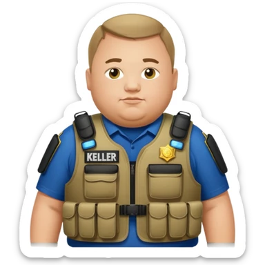 A fat police man with Down syndrome, with a armor vest that has a name tape that says Keller sticker