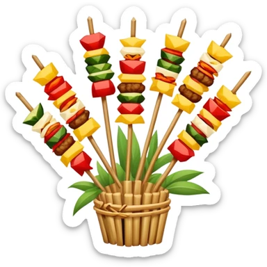 Sichuan Skewers Chuan Chuan Xiang with various foods on bamboo sticks, simplified emoji style with bold outlines and bright colors, cartoon style spicy street food sticker