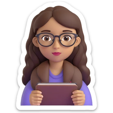 light skin brown girl with long dark brown hair and dark brown eyes, wearing glasses sticker