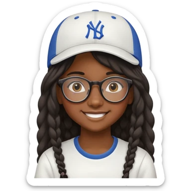 "- Nữ
- 15 tuổi
- Da đen, đeo kính
- Tóc dài
- Đội mũ lưỡi trai ngược đằng sau
- cười tươi, tóc bồng bềnh sticker