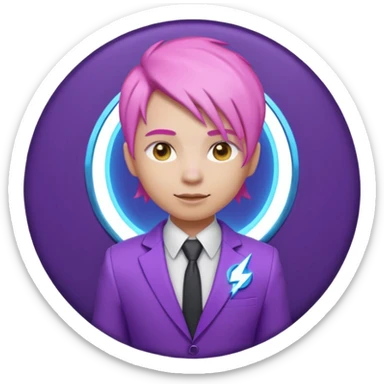 Cute 3D emoji-style character with pink hair and purple eyes, inside a circular badge. No hands, no pose. Clean purple suit with a glowing neon-blue ‘C’ logo on the chest, small lightning accent. Smooth Apple-style lighting, friendly expression sticker
