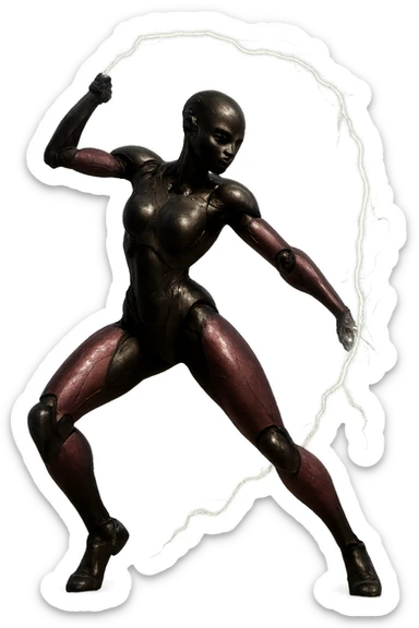 slim, powerful black female robot with small ear pieces, pink hexagonal arms and legs, swinging a lightning whip in a dramatic, realistic pose, no border, transparent background, realistic art style sticker