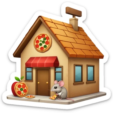 emoji-style icon of a restaurant building with a food sign like a burger or pizza, trash and food scraps outside, flies, bugs, and a rat in the style of the apple emoji rat, unsanitary and dirty, clear at small size, no text sticker