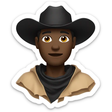 a black guy with fair skin, wearing a black cowboy hat and a black bandana covering the lower part of his face. A brown poncho is visible. Angle: upper body, accent on the face sticker