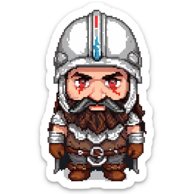 dwarf with viking helmet, red eyes, long black hair, and a black handlebar mustache sticker