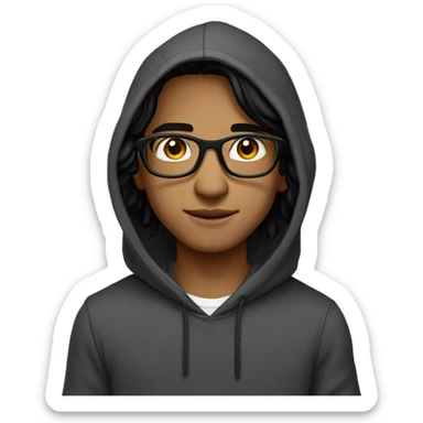 India boy middle parting black long hair dark hazel eyes thin glasses hoodie sticker